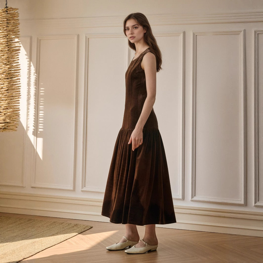 Brown Malbusaat velvet sleeveless midi dress with a flowing A-line silhouette and elegant design