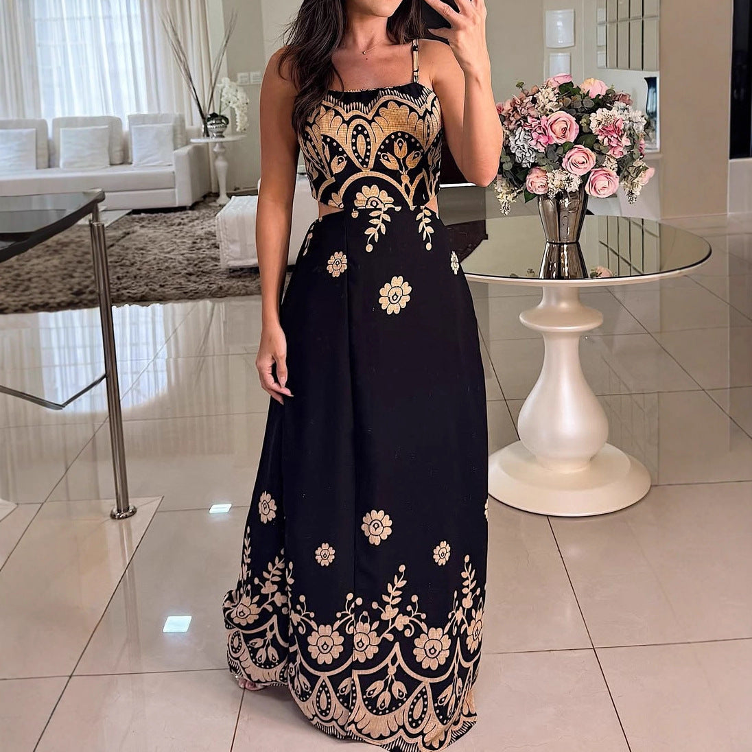 Malbusaat vintage strap printed maxi dress in black with floral designs for elegant occasions