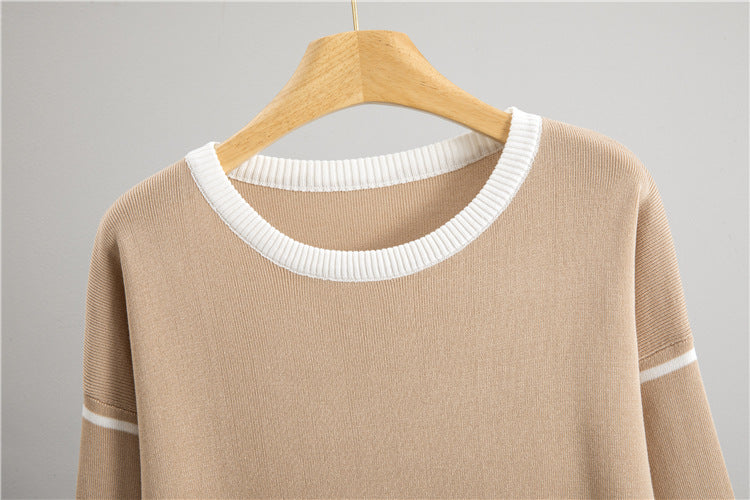Malbusaat loose knit two piece set for women in beige with white trim neckline