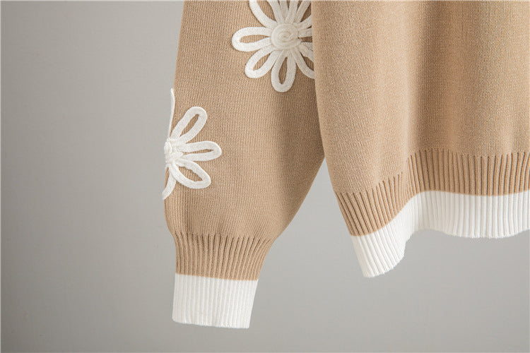Malbusaat loose knit two piece set for women featuring floral embroidery on sleeves