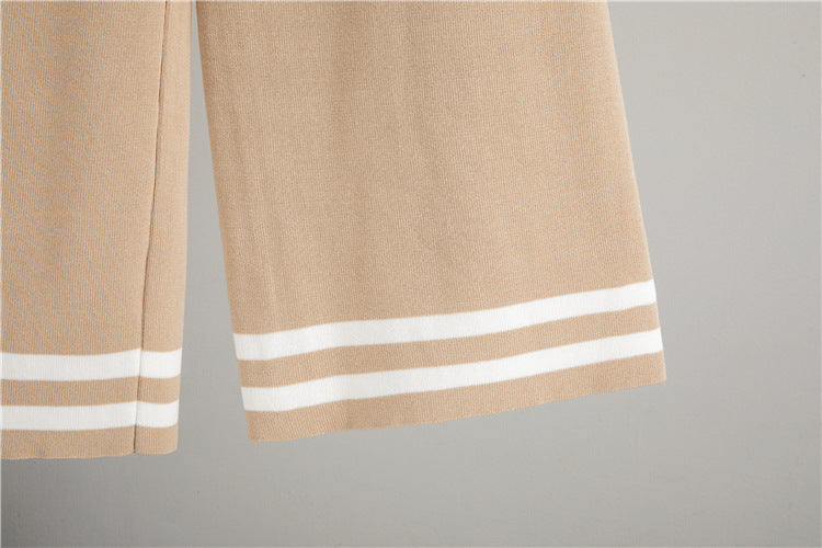 Soft beige loose knit two piece set for women featuring stylish striped details