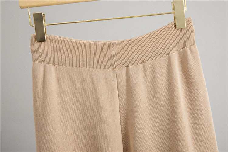 Beige waistband of loose knit two piece set for women, showcasing soft fabric and comfortable fit