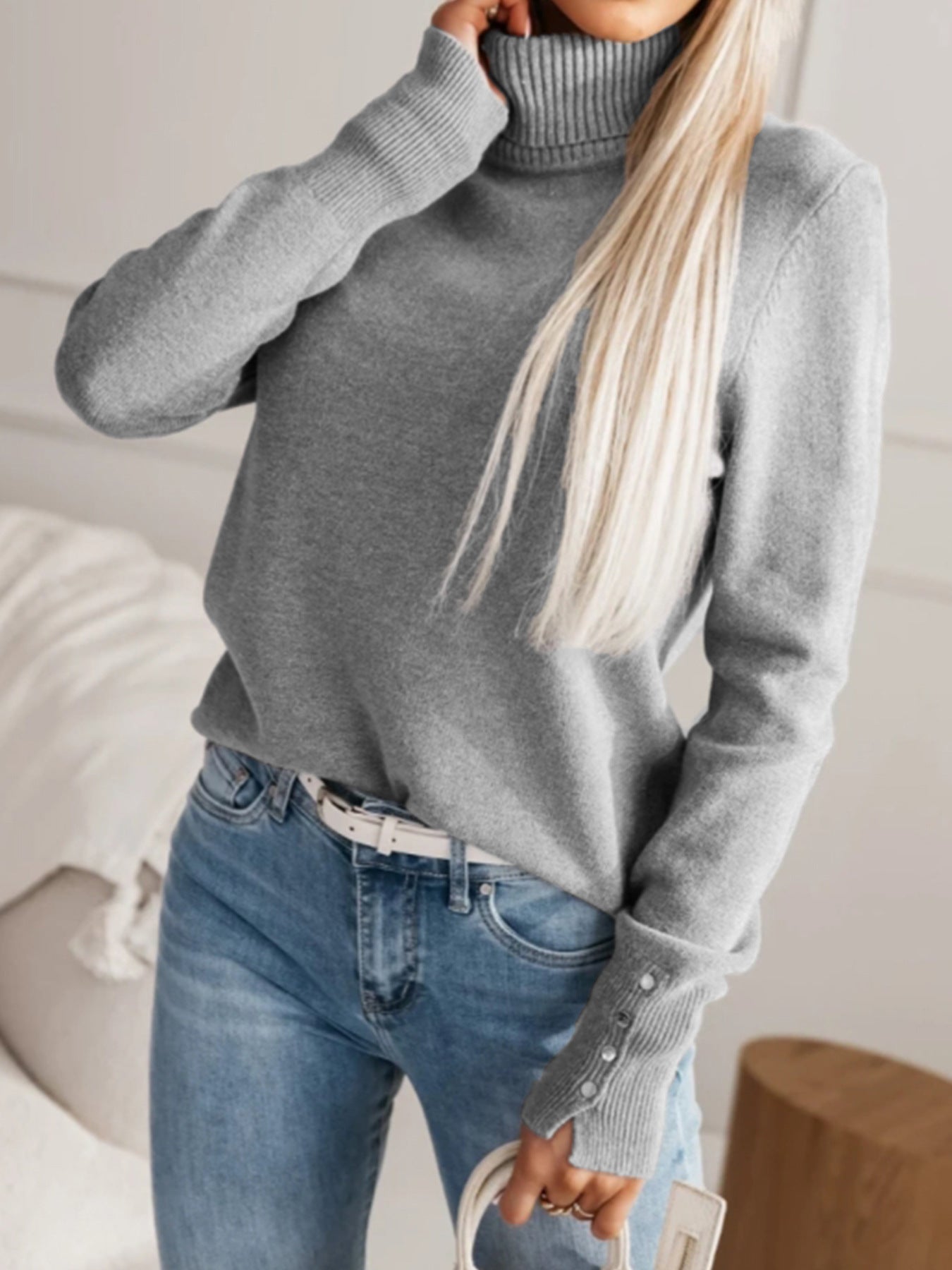 Malbusaat women's knit lapel pullover top in grey, featuring a stylish turtleneck and button details on sleeves