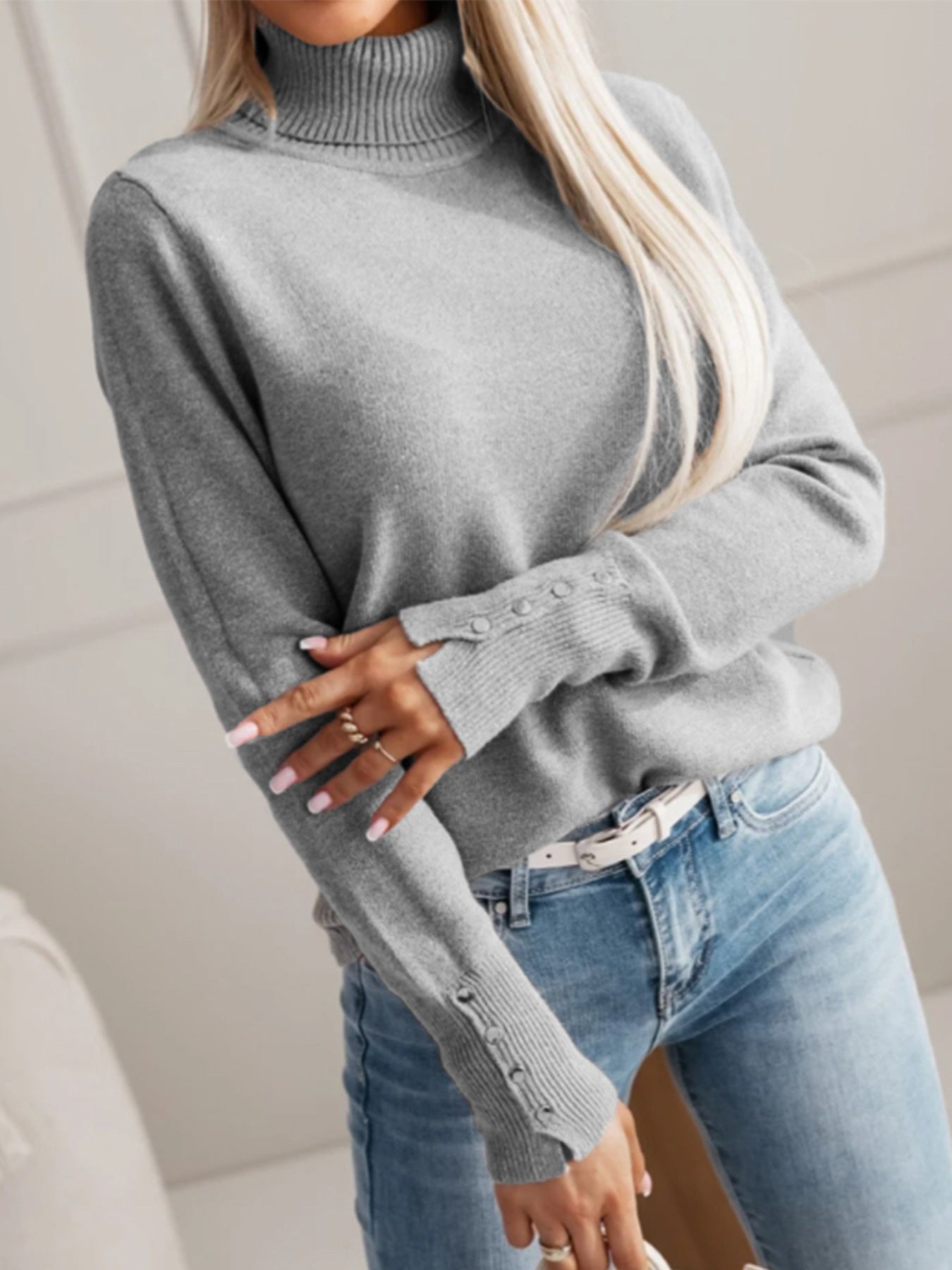 Malbusaat women's knit lapel pullover top in grey with stylish button details and a high collar