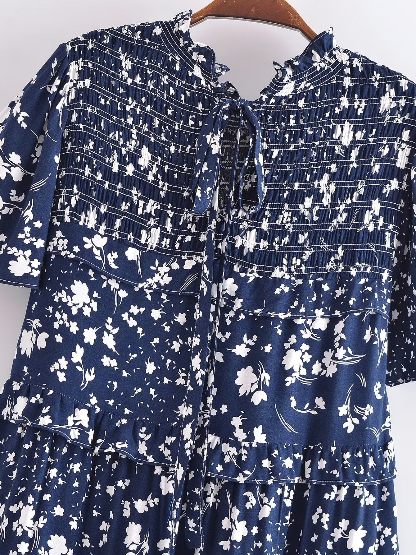 Malbusaat navy blue women's summer floral dress with white flower patterns and ruffle details