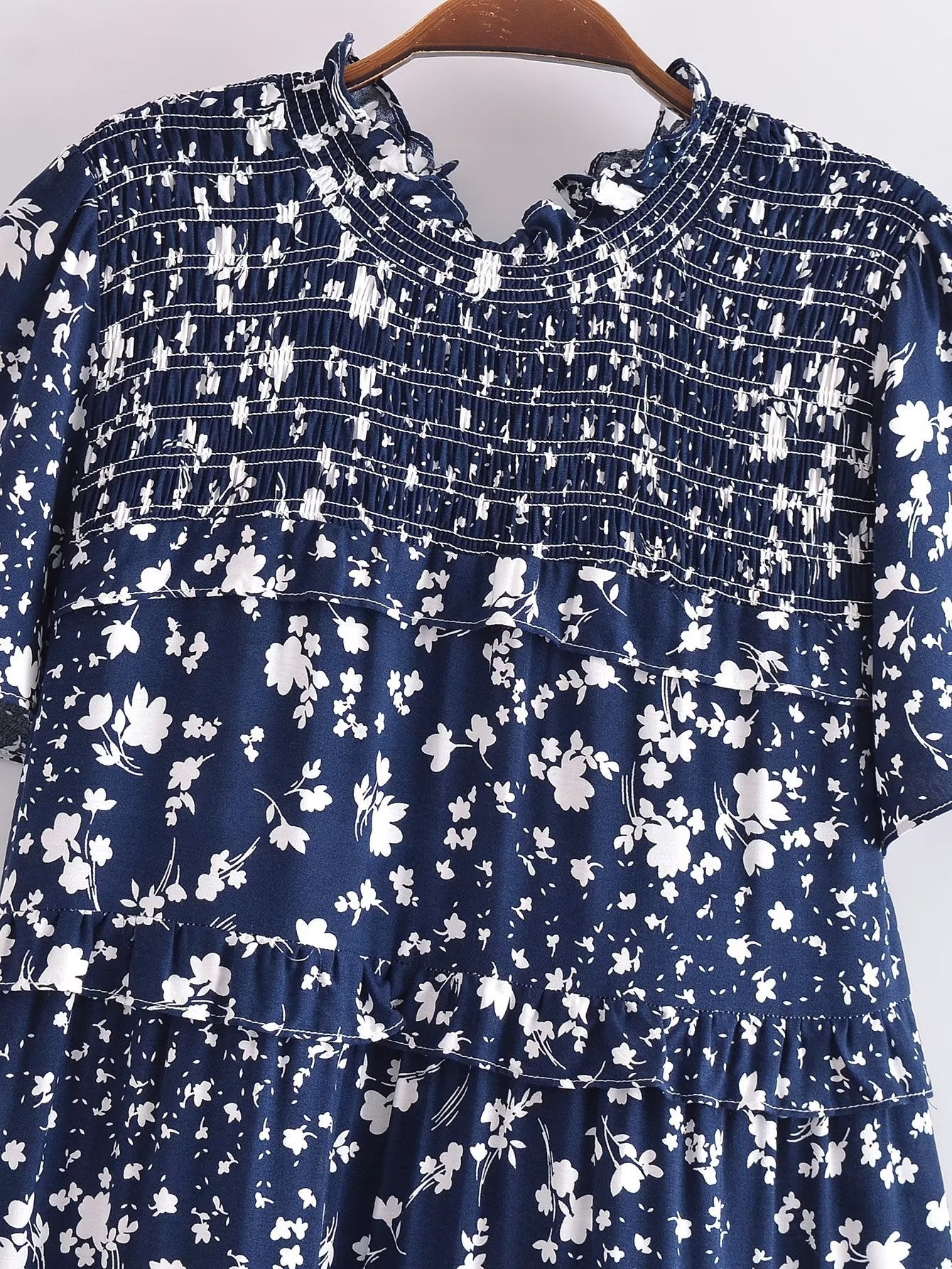 Malbusaat women's summer floral dress in navy blue with white flower print and smocked neckline
