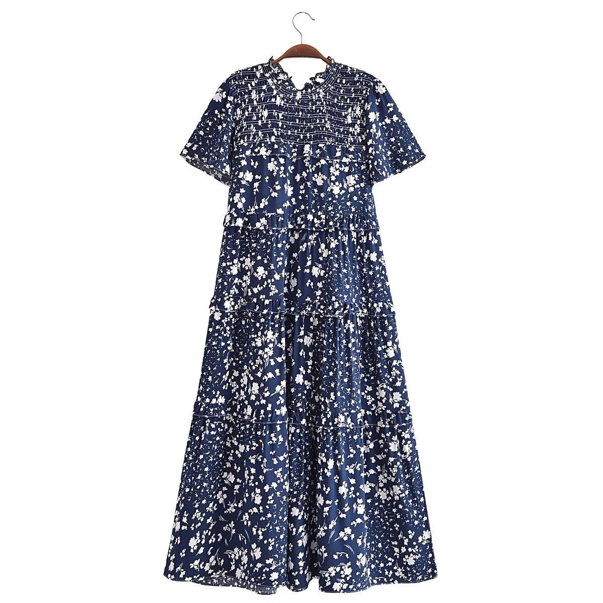 Malbusaat women's summer floral dress in navy blue with white flower print and short sleeves