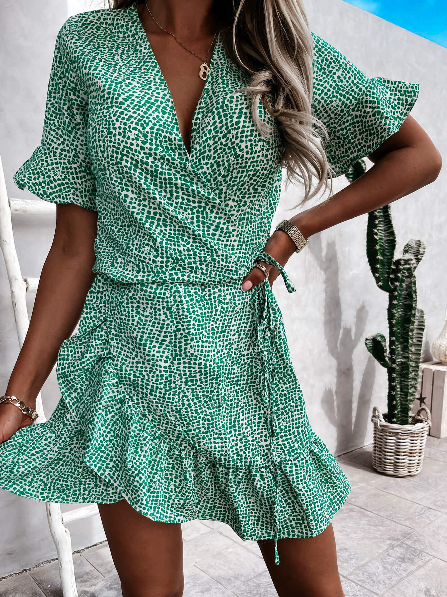 V-neck Tied High Waist Chiffon Floral Dress in - by Malbusaat
