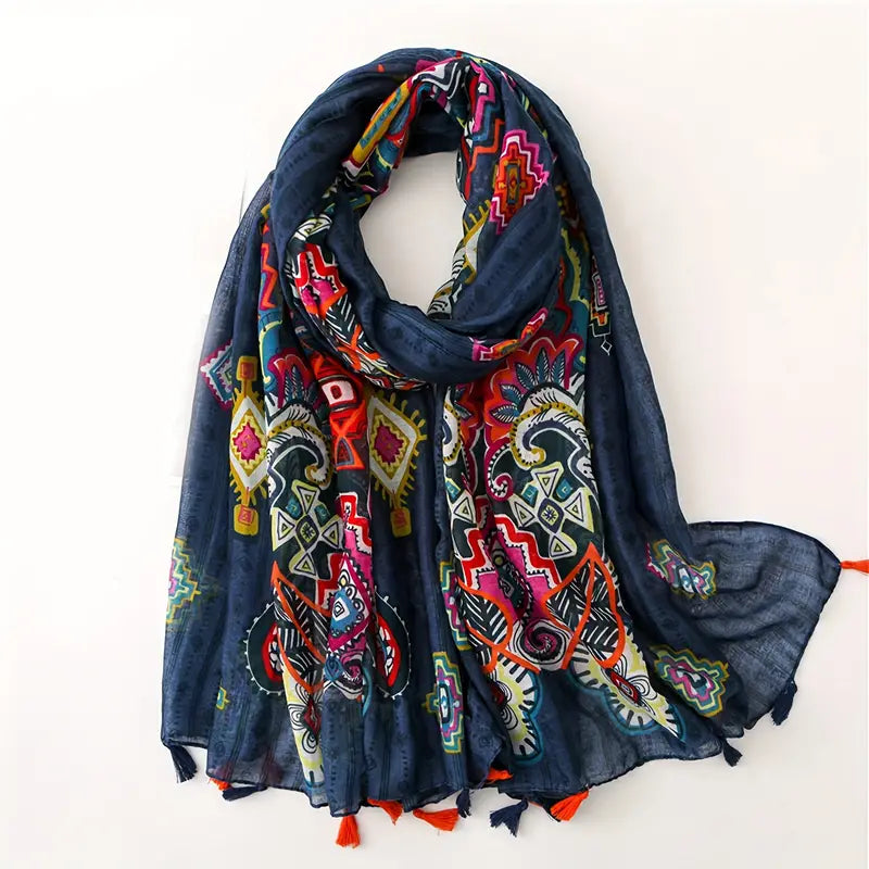 Vintage Geometric Printed Scarf, Breathable Shawl in - Scarves by Malbusaat