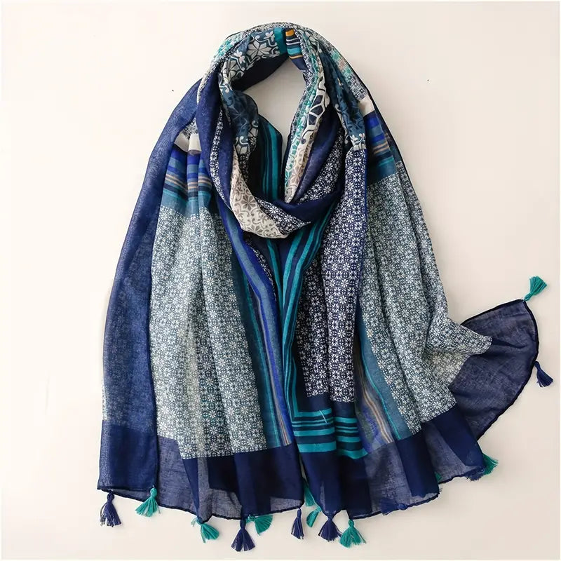 Boho Striped Print Scarf, Red/Blue Tassel Shawl in - Scarves by Malbusaat