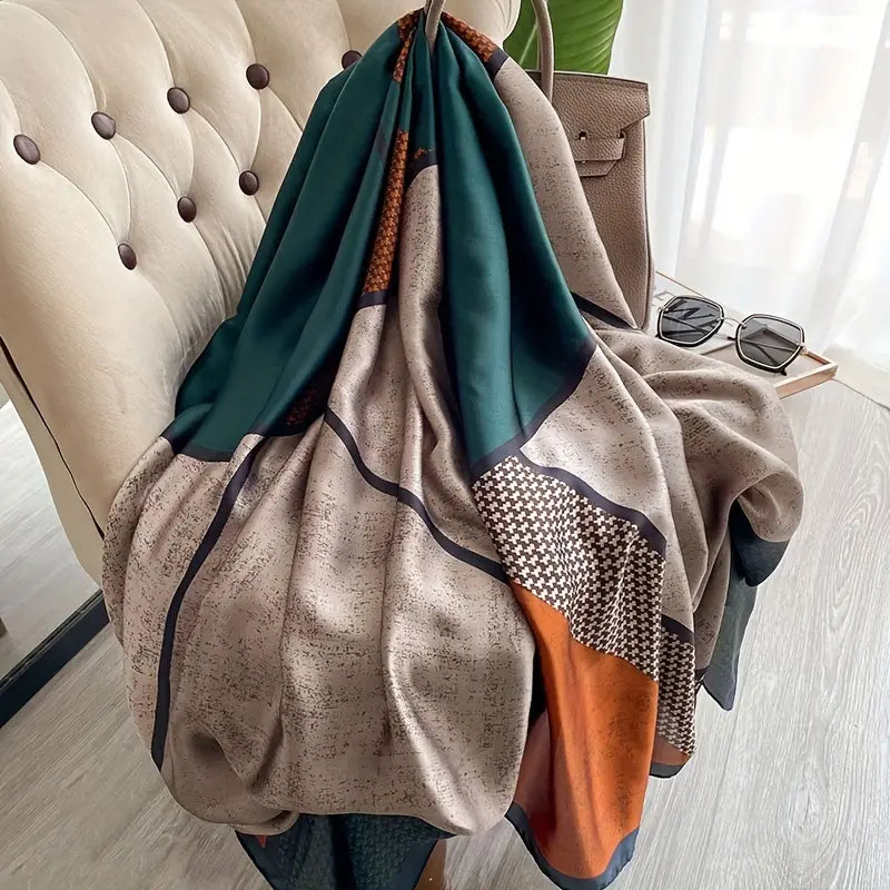 Geometric Print Large Satin Scarf, Elegant Color Block Shawl in - Scarves by Malbusaat