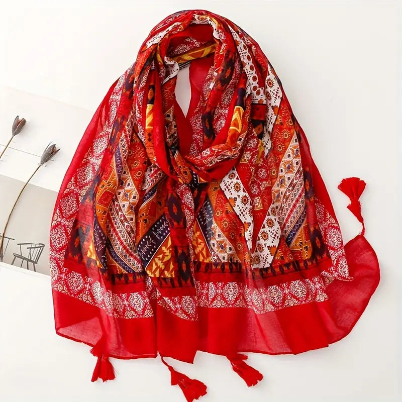 Boho Vintage Printed Bali Yarn Scarf, Red Shawl in - Scarves by Malbusaat
