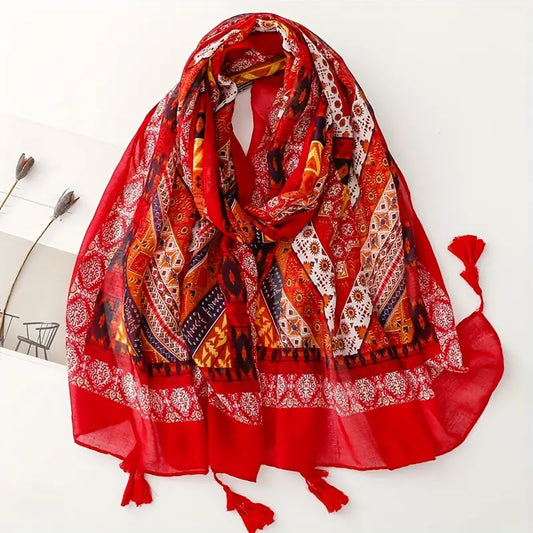 Boho Vintage Printed Bali Yarn Scarf, Red Shawl in - Scarves by Malbusaat