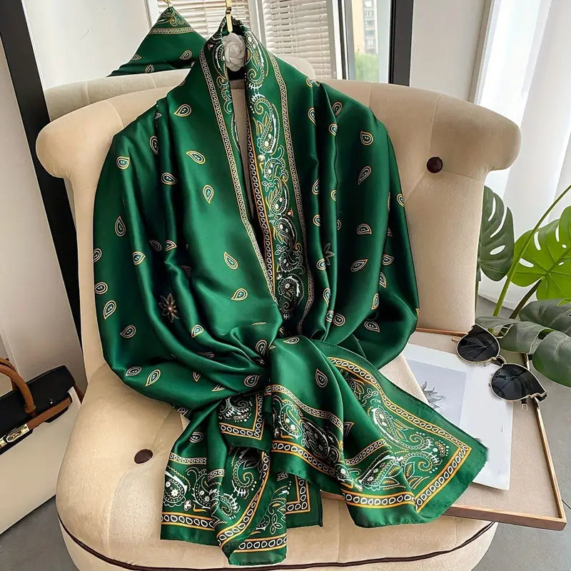 Paisley Printed Chiffon Scarf, Smooth Satin Shawl, Green in - Scarves by Malbusaat