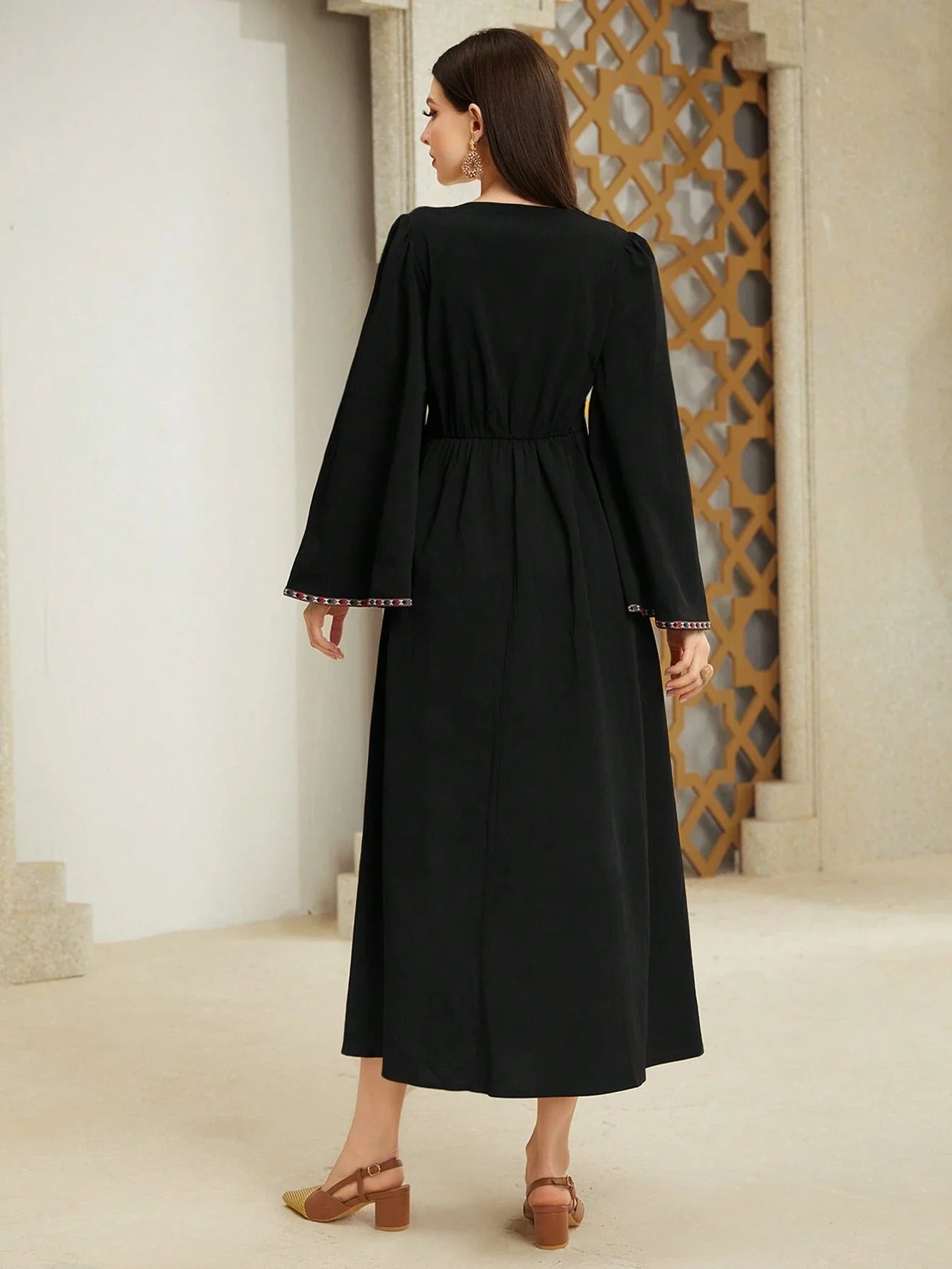 Boho Geometric Tribal Embroidered Black Maxi Dress in - Maxi Dress by Malbusaat