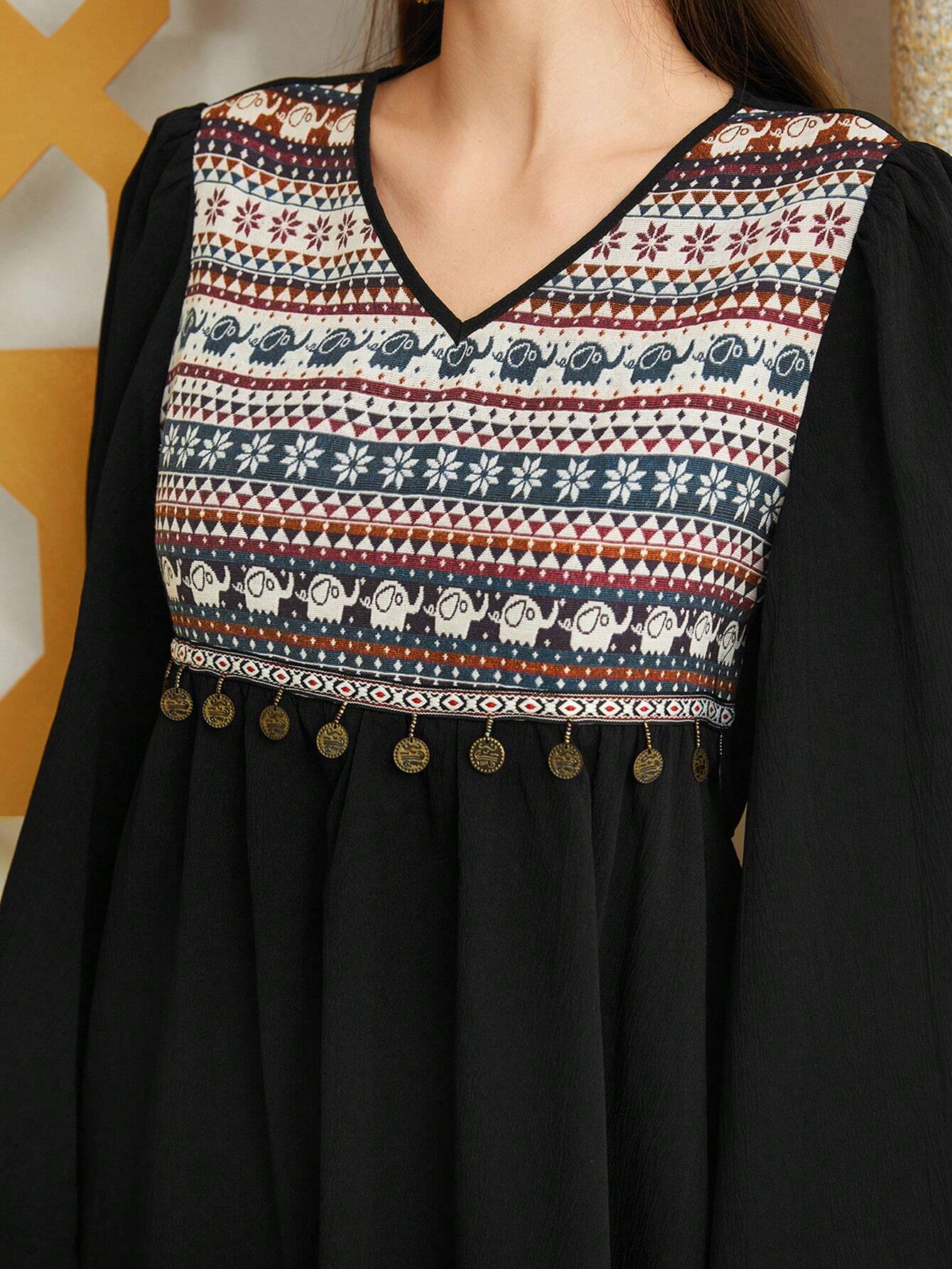 Boho Geometric Tribal Embroidered Black Maxi Dress in - Maxi Dress by Malbusaat