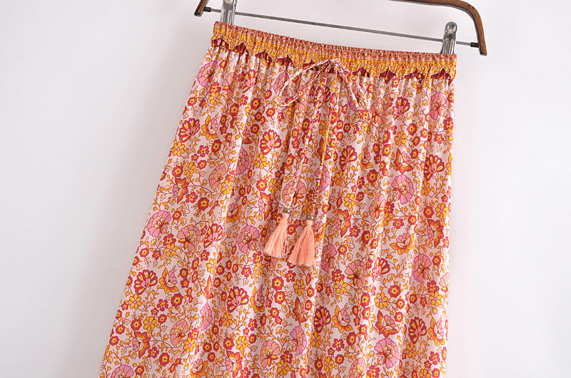 Boho Vacation Floral Maxi Skirt with Tassel Tie in - Skirts by Malbusaat