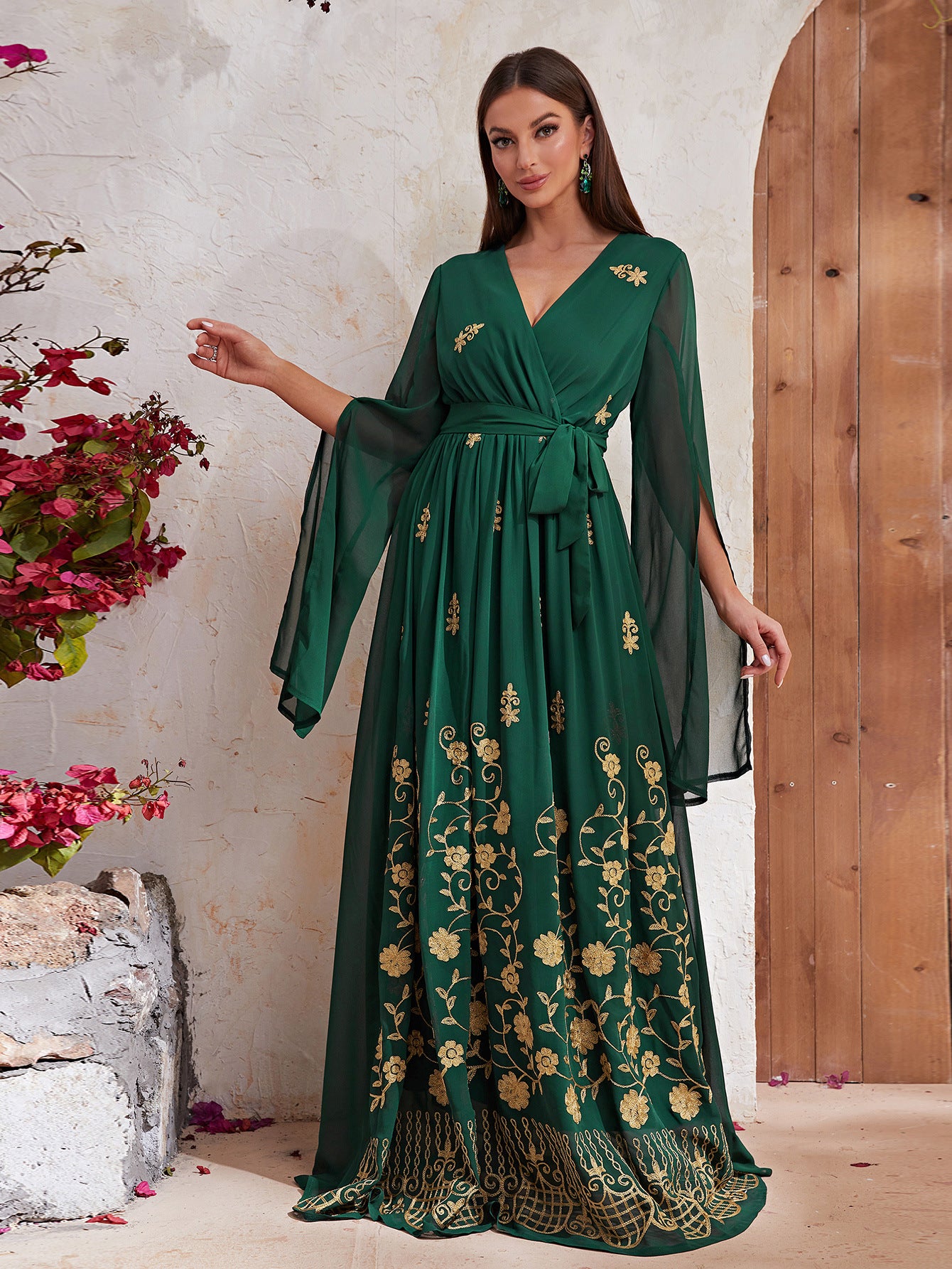 Embroidered Chiffon Maxi Dress in - by Malbusaat