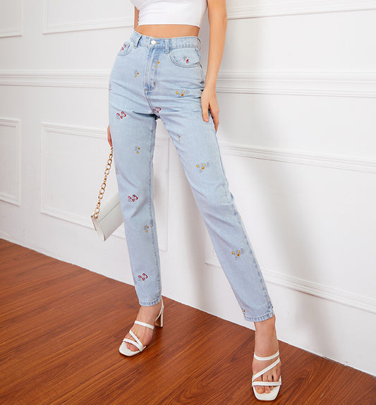 Embroidered Denim Straight Pants in - by Malbusaat