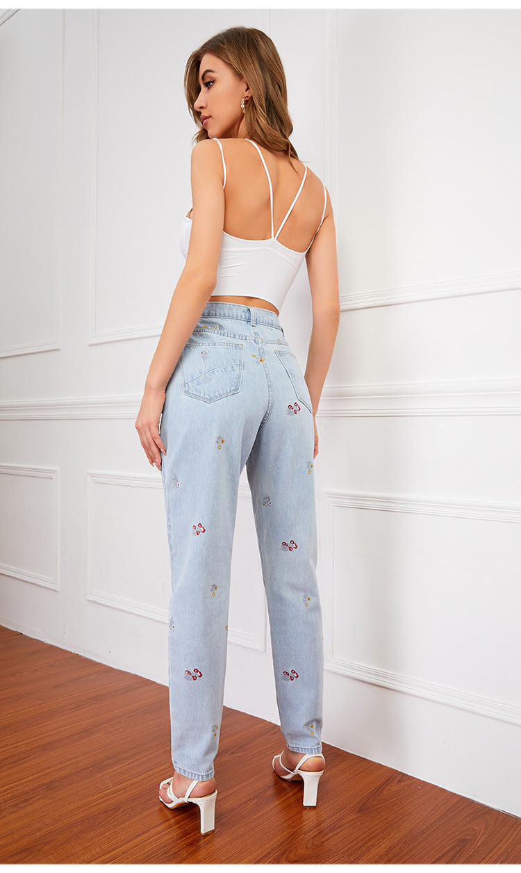 Embroidered Denim Straight Pants in - by Malbusaat