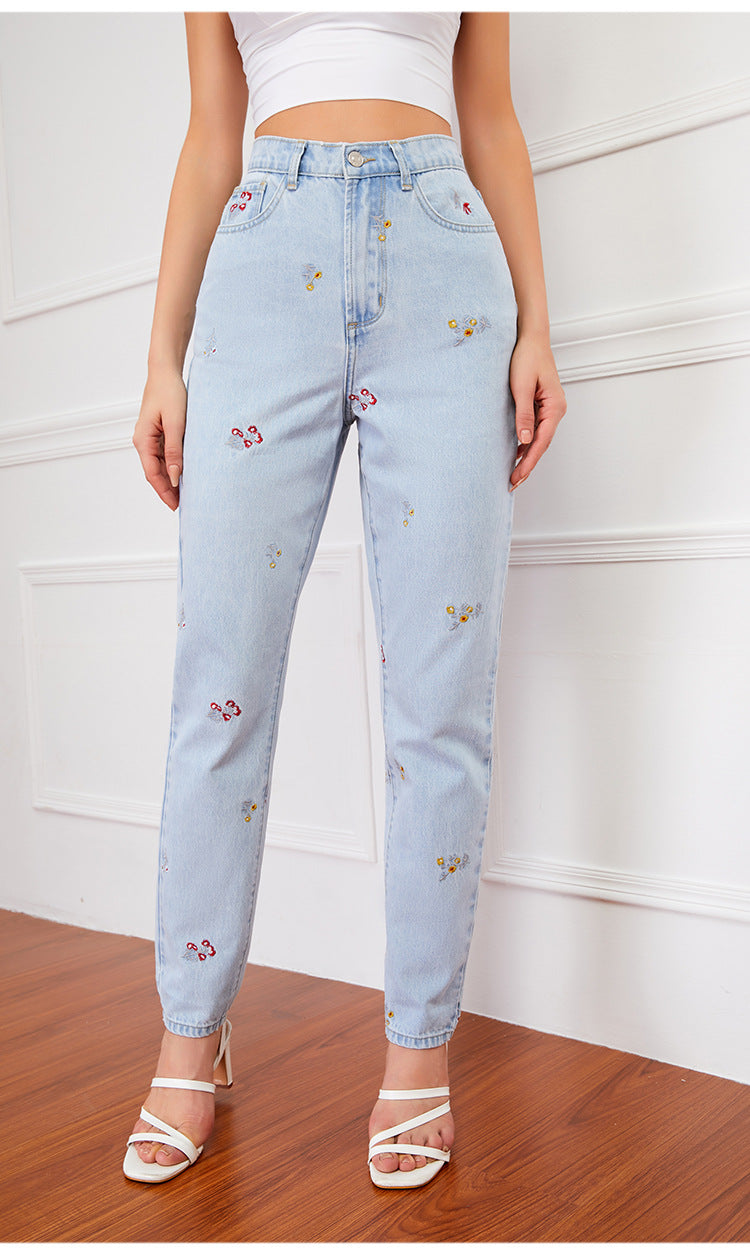Embroidered Denim Straight Pants in - by Malbusaat
