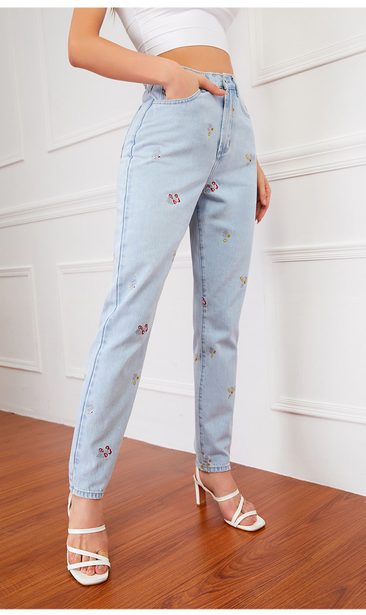 Embroidered Denim Straight Pants in - by Malbusaat
