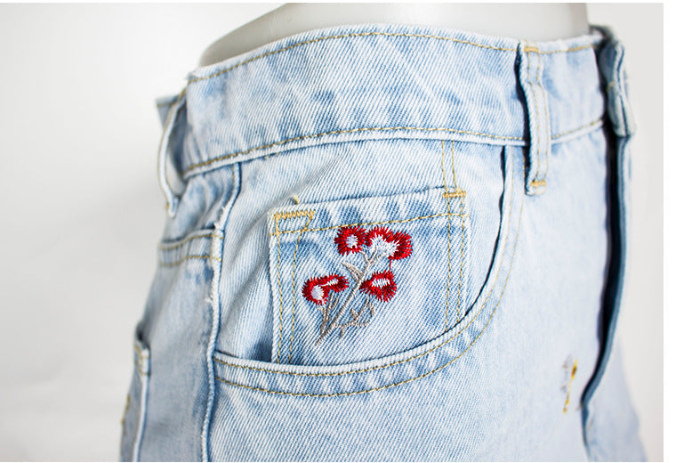 Embroidered Denim Straight Pants in - by Malbusaat