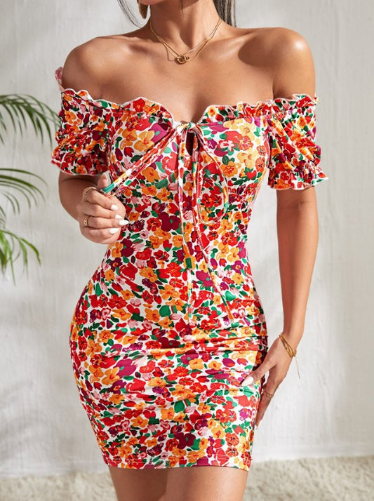 Floral Lace up Off Shoulder Sheath Dress in - by Malbusaat