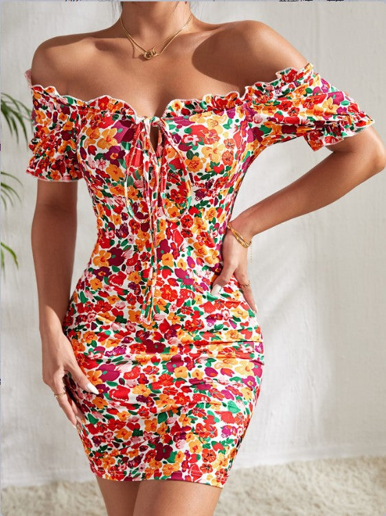Floral Lace up Off Shoulder Sheath Dress in - by Malbusaat