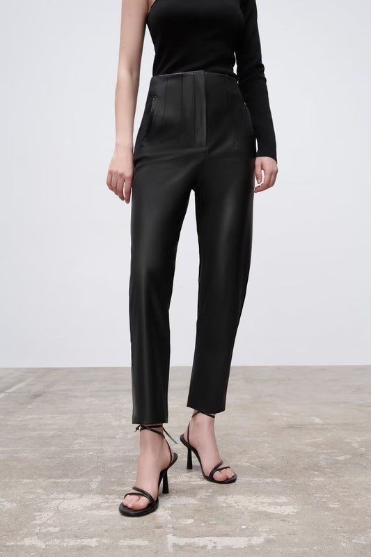 High Waist Faux Leather Pants in - by Malbusaat
