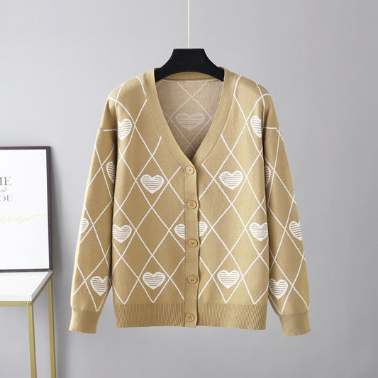 Knitted Hearts Printed Cardigan Sweater in One Size Khaki - by Malbusaat