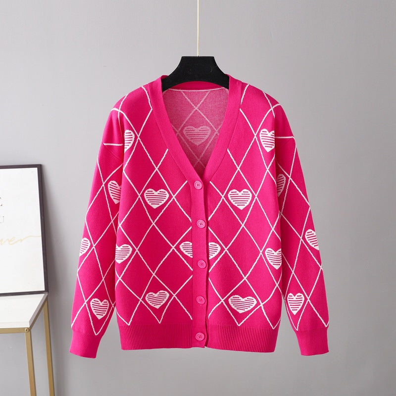Knitted Hearts Printed Cardigan Sweater in One Size Coral Red - by Malbusaat