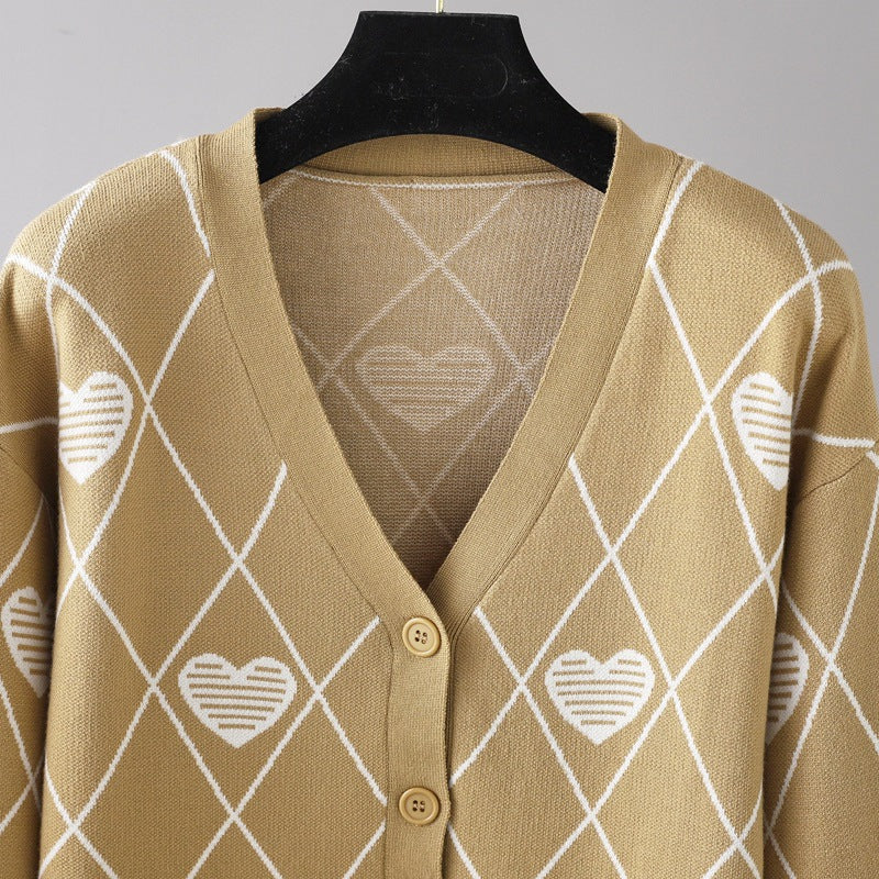 Knitted Hearts Printed Cardigan Sweater in - by Malbusaat