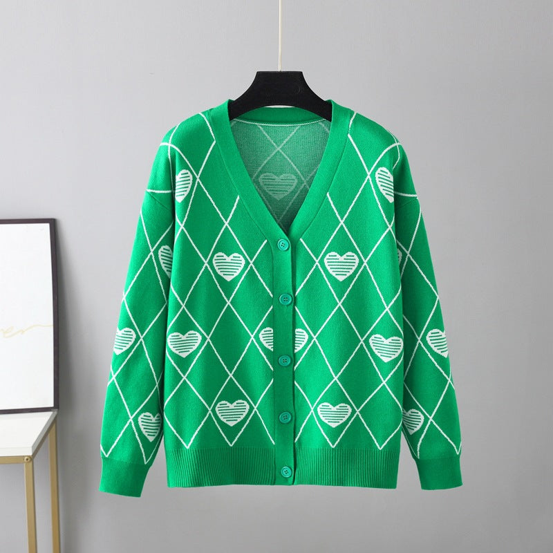 Knitted Hearts Printed Cardigan Sweater in - by Malbusaat