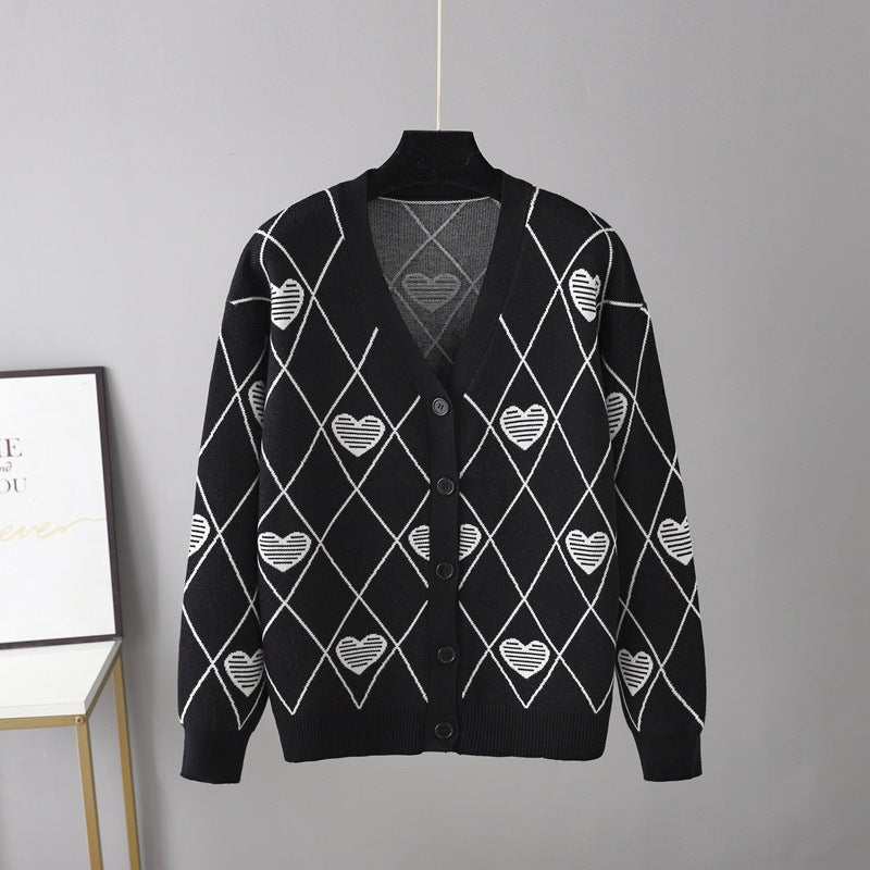 Knitted Hearts Printed Cardigan Sweater in - by Malbusaat
