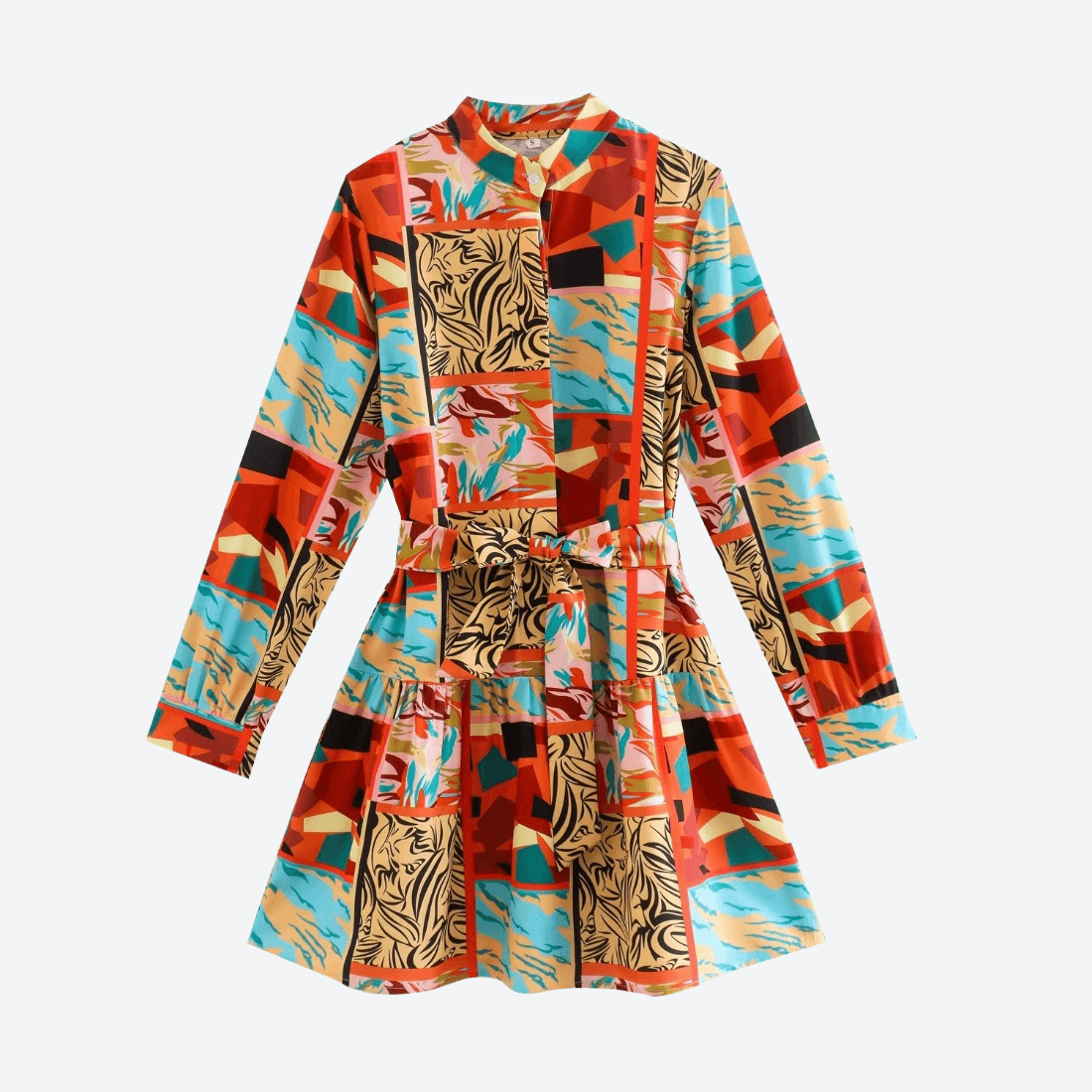 Lapel Print Long Sleeve Tiered Dress in - by Malbusaat