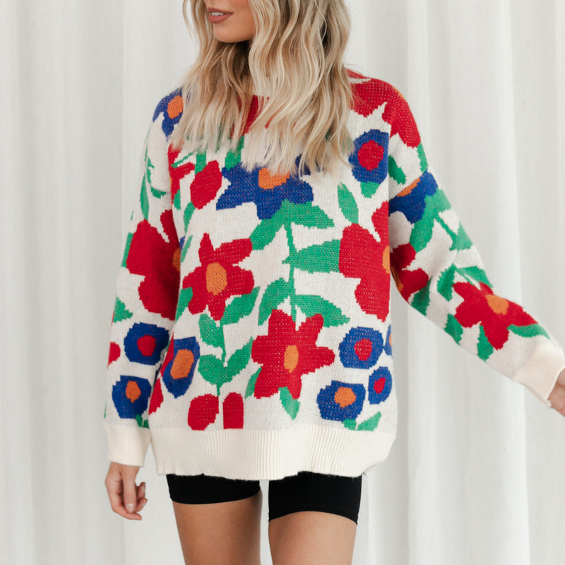 Large Floral Round Neck Loose Sweater in - by Malbusaat