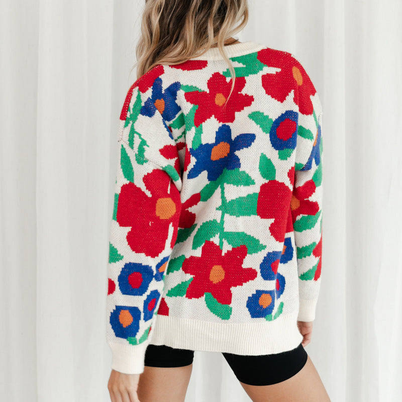 Large Floral Round Neck Loose Sweater in - by Malbusaat