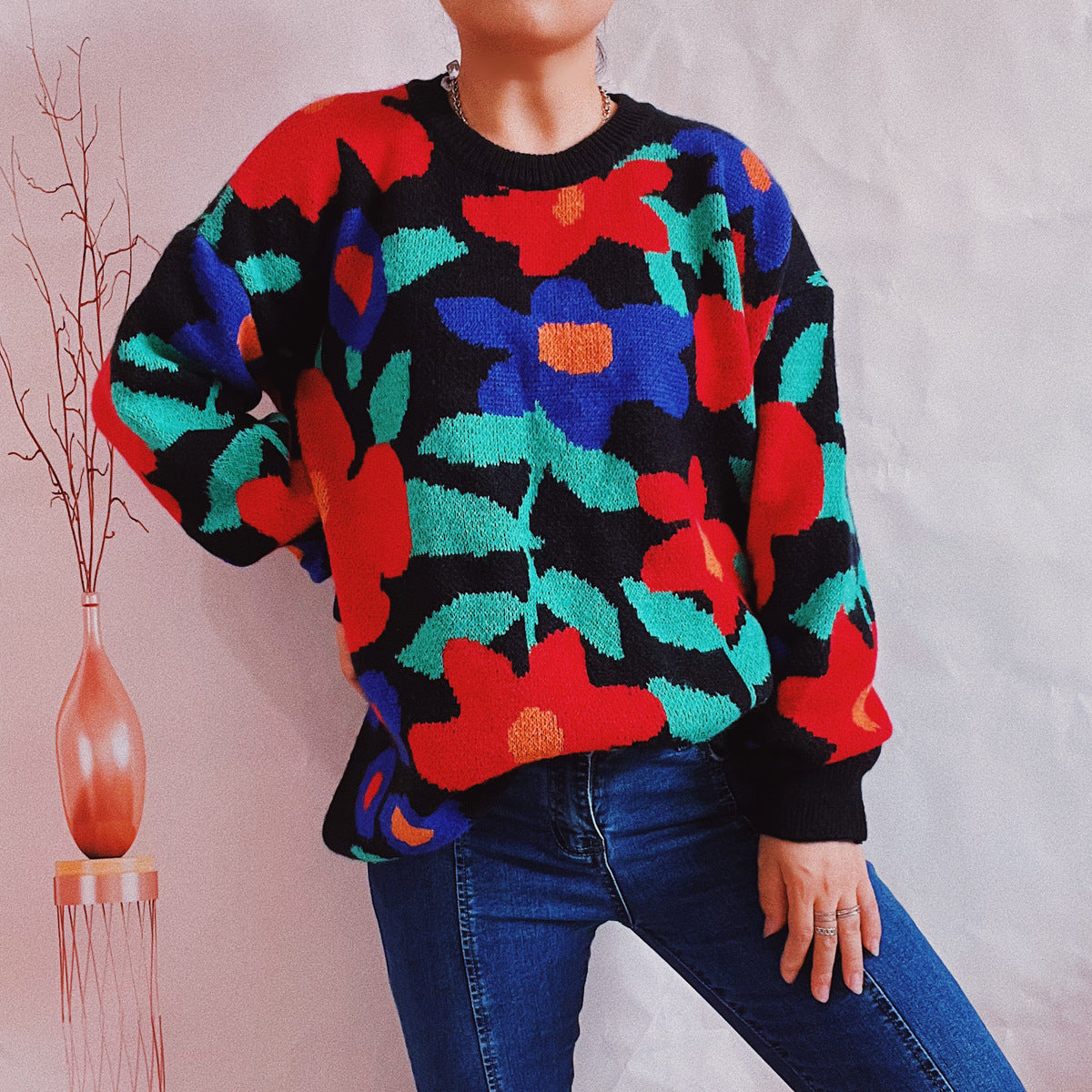 Large Floral Round Neck Loose Sweater in - by Malbusaat