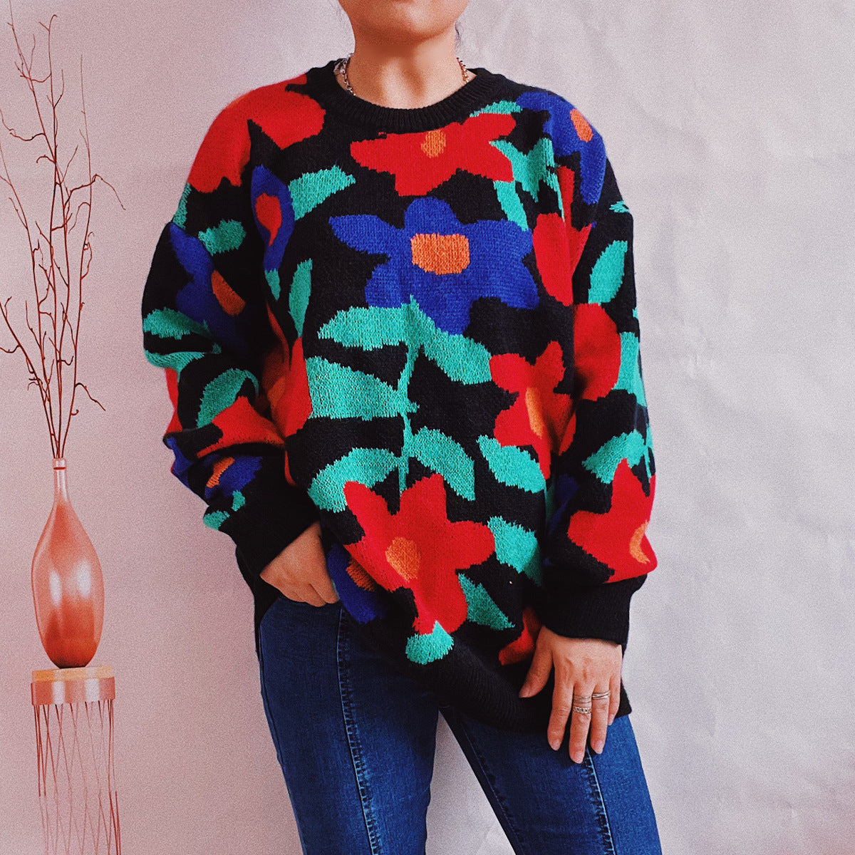 Large Floral Round Neck Loose Sweater in - by Malbusaat