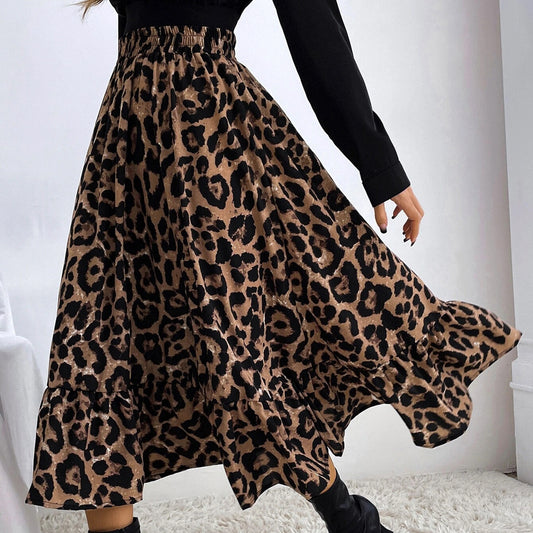 Leopard High Waist Loose Swing Skirt in - by Malbusaat