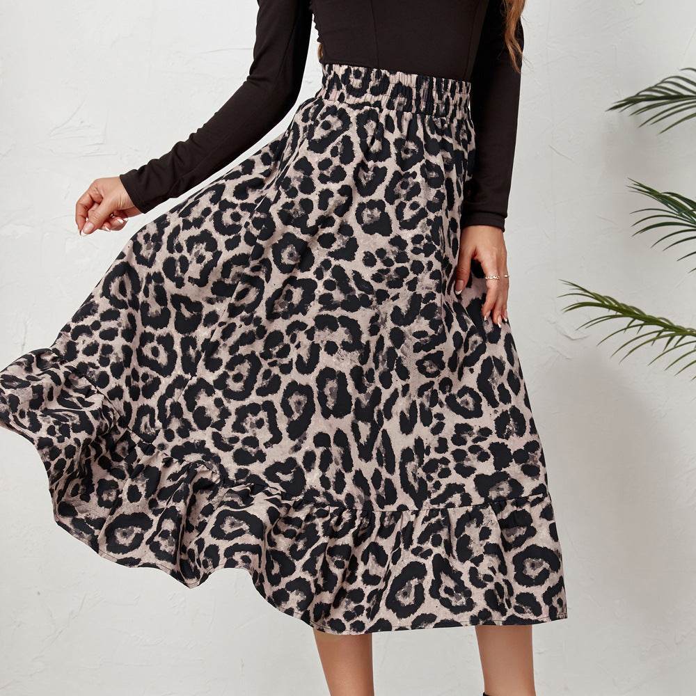 Leopard High Waist Loose Swing Skirt in - by Malbusaat