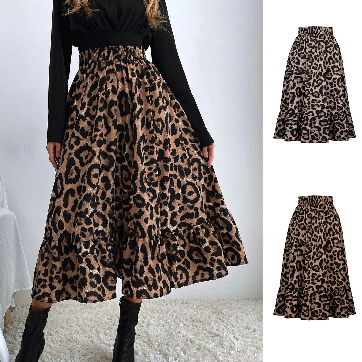 Leopard High Waist Loose Swing Skirt in - by Malbusaat