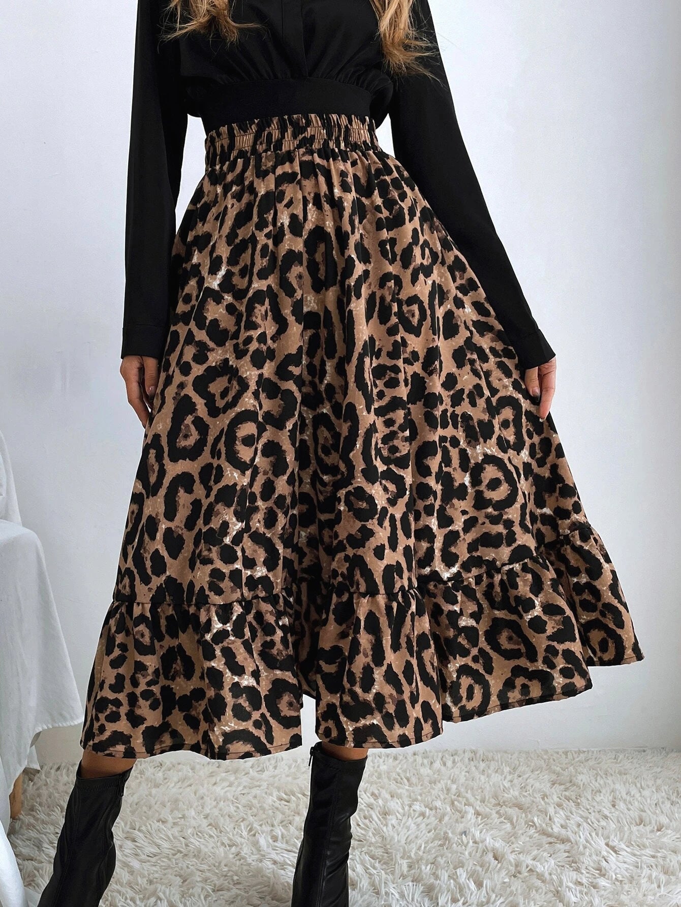 Leopard High Waist Loose Swing Skirt in - by Malbusaat
