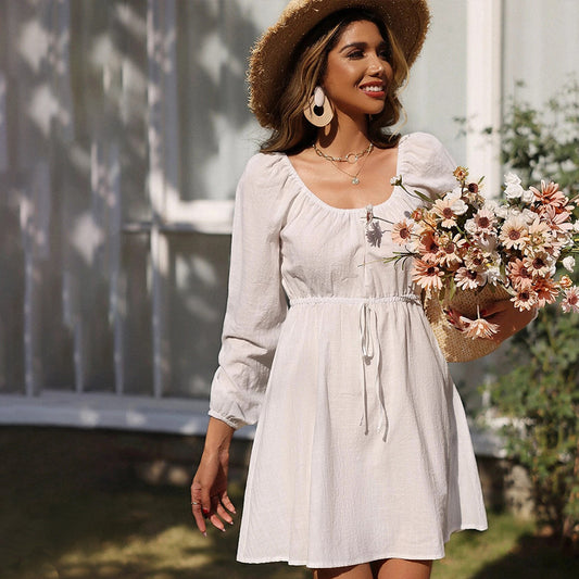Long Sleeve Elastic Waist Square Collar A- line Dress in - by Malbusaat