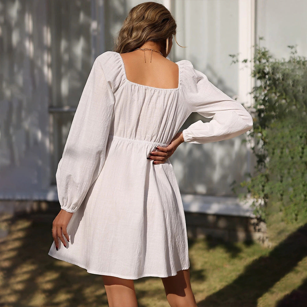 Long Sleeve Elastic Waist Square Collar A- line Dress in - by Malbusaat