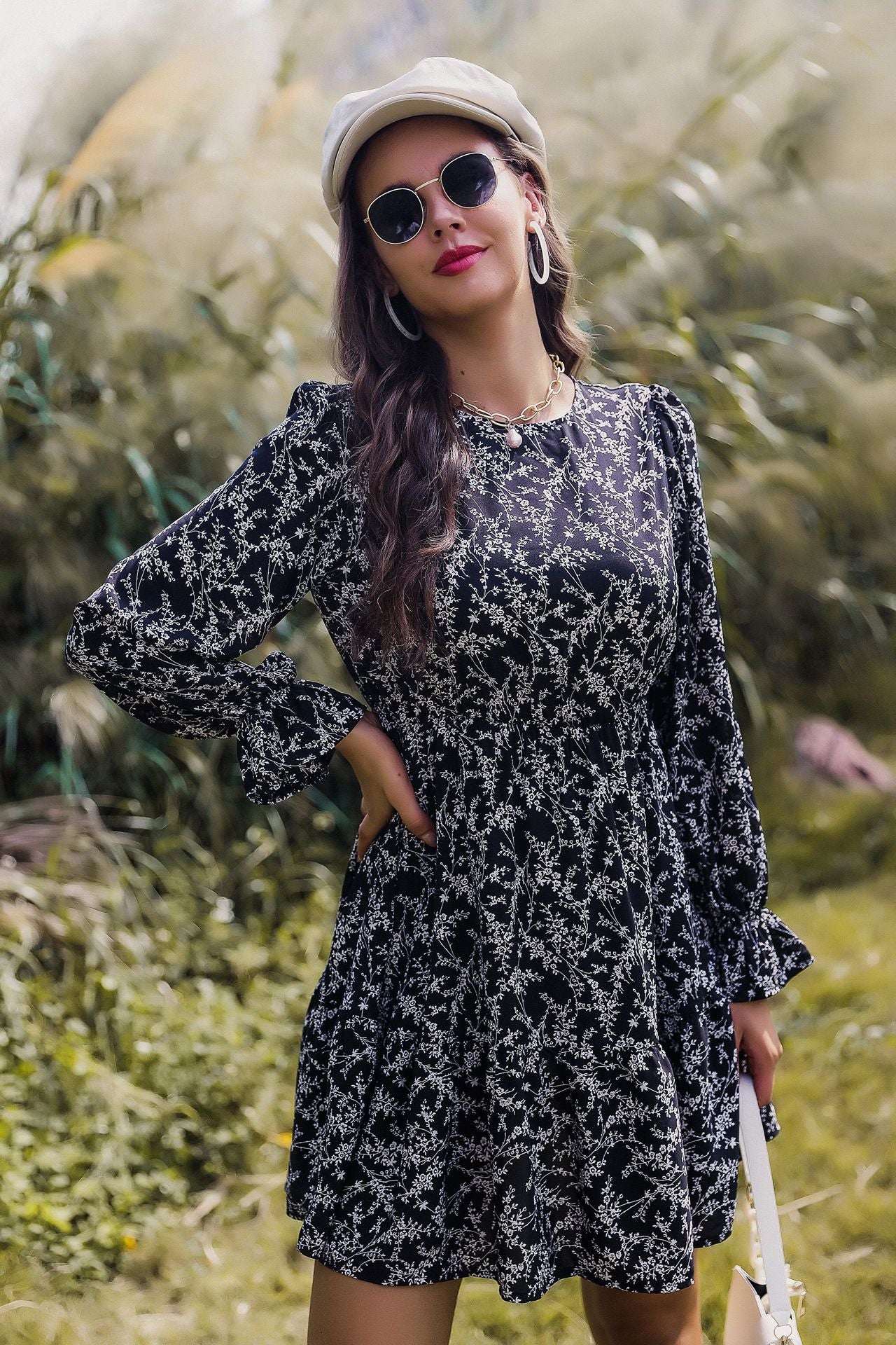 Long Sleeve Floral High Waist Dress in - by Malbusaat