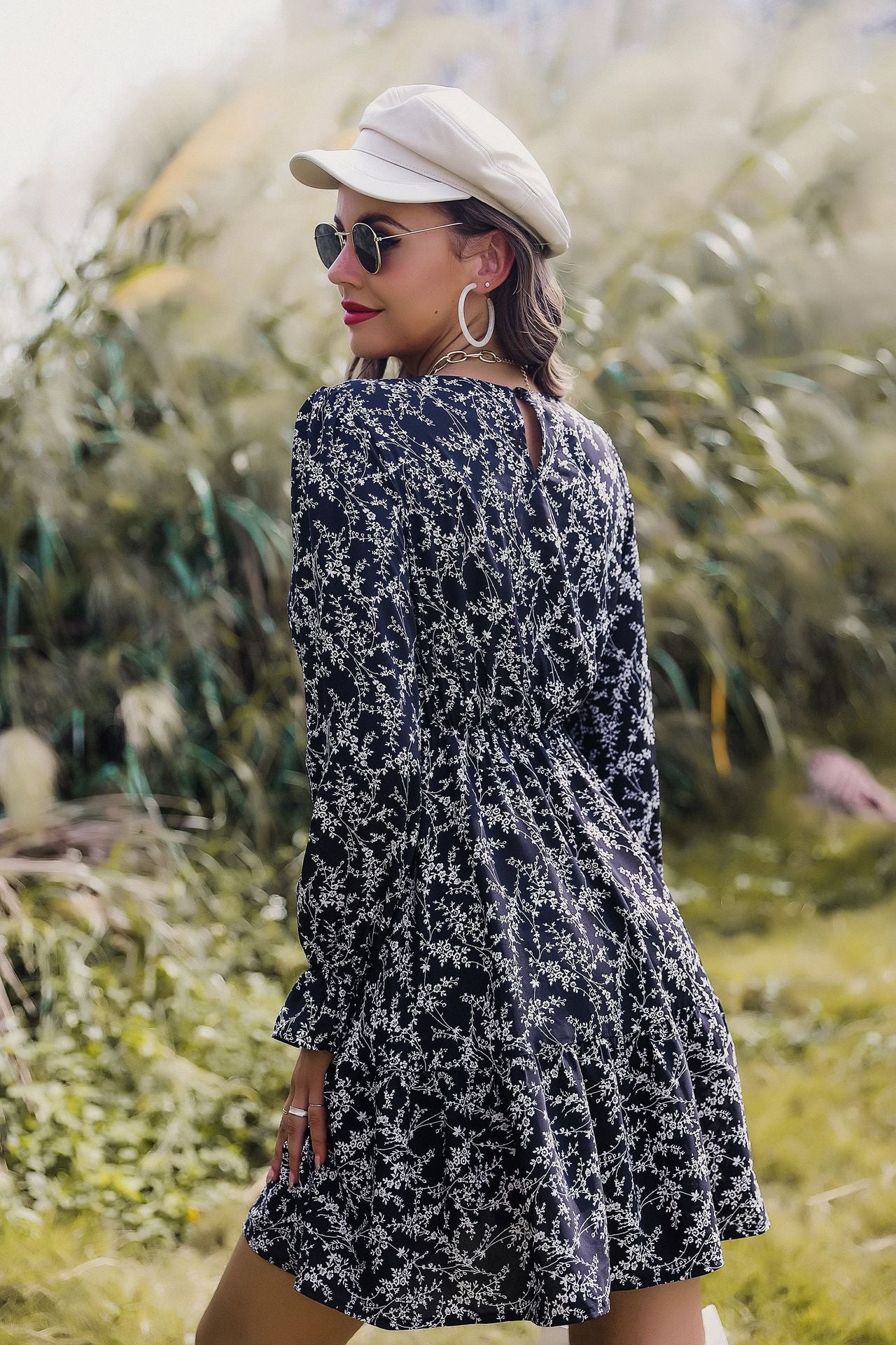 Long Sleeve Floral High Waist Dress in - by Malbusaat