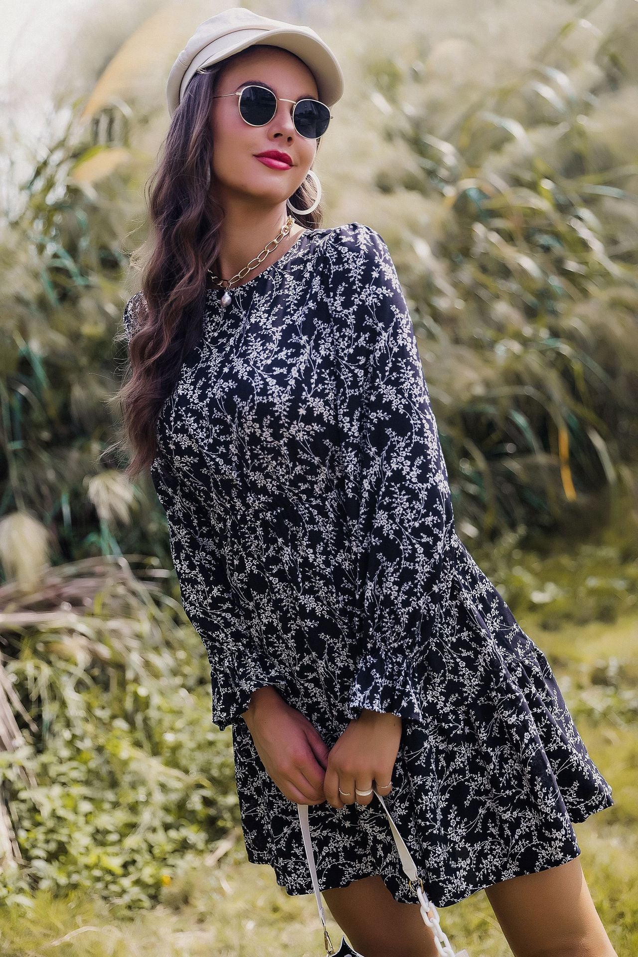 Long Sleeve Floral High Waist Dress in - by Malbusaat