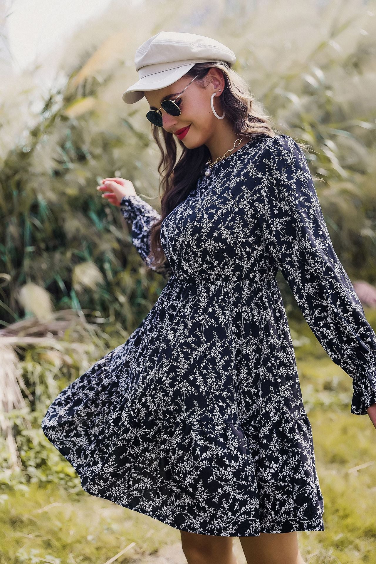 Long Sleeve Floral High Waist Dress in - by Malbusaat
